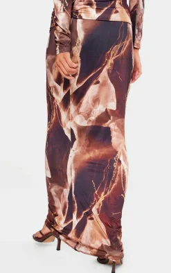 Petite Brown Slinky Ruched Waistband Maxi Skirt