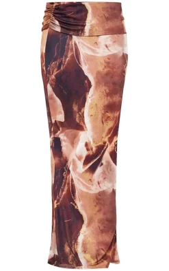 Petite Brown Slinky Ruched Waistband Maxi Skirt