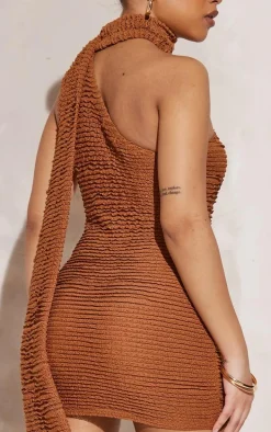 Petite Brown Textured Ruched Mini Dress