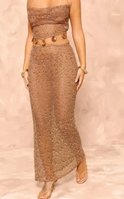 Petite Brown Textured Waist Wrap Detail Maxi Skirt
