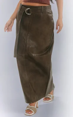Petite Brown Washed Faux Leather Belted Midi Skirt