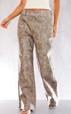 Petite Brown Washed Faux Leather Low Rise Wide Leg Pants