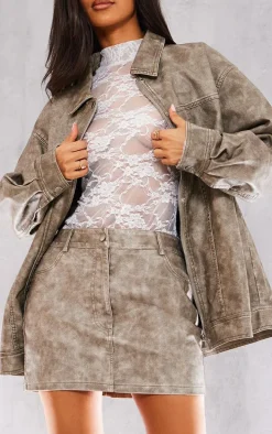 Petite Brown Washed Faux Leather Pocket Mini Skirt