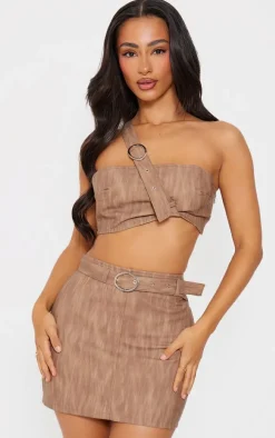 Petite Brown Woven Extreme Crop Top With Strap Detail