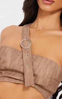 Petite Brown Woven Extreme Crop Top With Strap Detail
