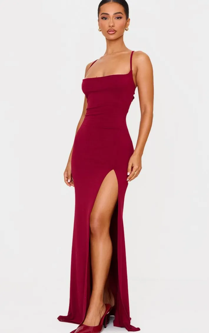 Petite Burgundy Contour Jersey Cowl Neck Split Detail Maxi Dress