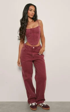Petite Burgundy Dipped Hem Denim Corset Top