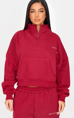 Petite Burgundy Graphic Oversized Half Zip Sweat