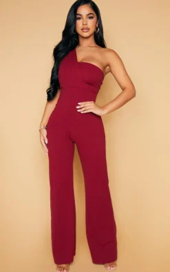 Petite Burgundy One Shoulder Drape Jumpsuit