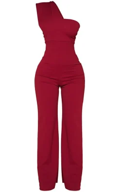 Petite Burgundy One Shoulder Drape Jumpsuit