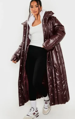 Petite Burgundy Shine High Neck Puffer Maxi Coat