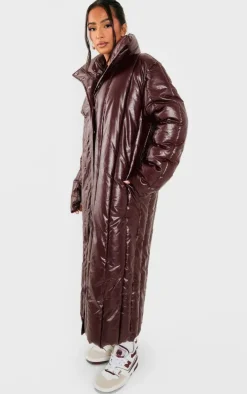 Petite Burgundy Shine High Neck Puffer Maxi Coat