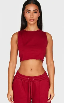 Petite Burgundy Sleeveless Raw Edge Tank Top