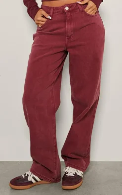 Petite Burgundy Washed High Waist Straight Leg Jeans