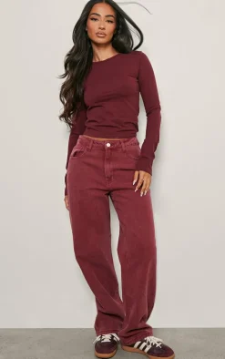 Petite Burgundy Washed High Waist Straight Leg Jeans