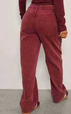 Petite Burgundy Washed High Waist Straight Leg Jeans