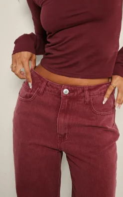 Petite Burgundy Washed High Waist Straight Leg Jeans