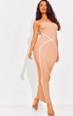 Petite Camel Contrast Knit Maxi Dress