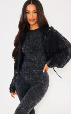 Petite Charcoal Acid Wash Zip Up Cropped Hoodie