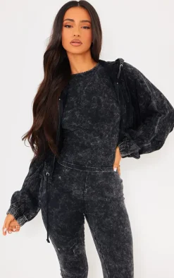 Petite Charcoal Acid Wash Zip Up Cropped Hoodie