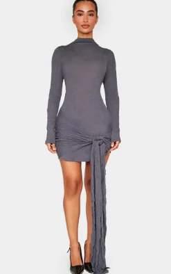 Petite Charcoal Crushed Mesh Long Sleeve Tie Detail Mini Dress