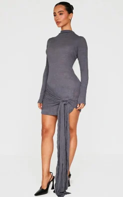 Petite Charcoal Crushed Mesh Long Sleeve Tie Detail Mini Dress