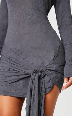 Petite Charcoal Crushed Mesh Long Sleeve Tie Detail Mini Dress