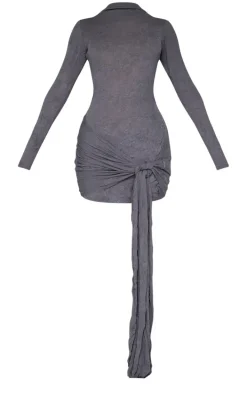 Petite Charcoal Crushed Mesh Long Sleeve Tie Detail Mini Dress