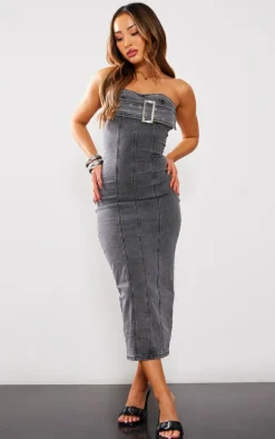 Petite Charcoal Grey Buckle Bandeau Denim Midaxi Dress