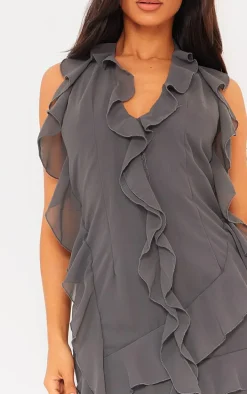 Petite Charcoal Halter Neck Frilled Mini Dress