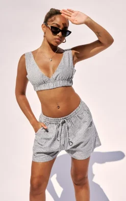 Petite Charcoal Pinstripe Linen Look Bralet