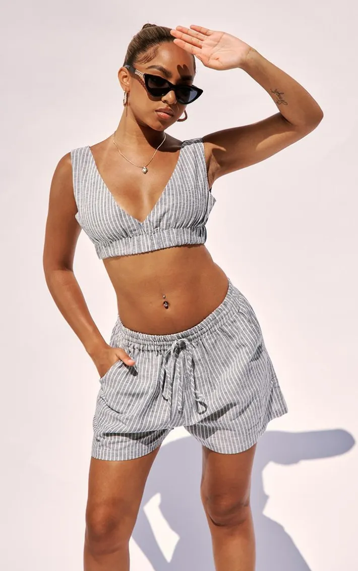 Petite Charcoal Pinstripe Linen Look Bralet
