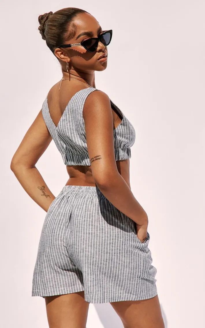 Petite Charcoal Pinstripe Linen Look Bralet