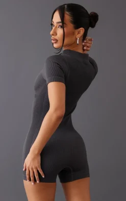 Petite Charcoal Snatched Rib Zip Front Unitard