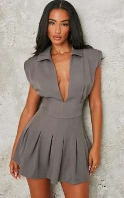 Petite Charcoal Tailored Woven Pleated Romper