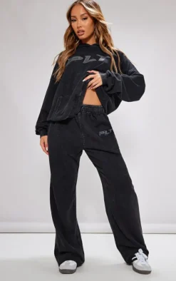 Petite Charcoal Washed Block Embroidered Oversized Wide Leg Sweatpants
