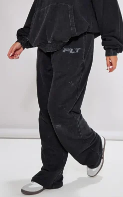 Petite Charcoal Washed Block Embroidered Oversized Wide Leg Sweatpants