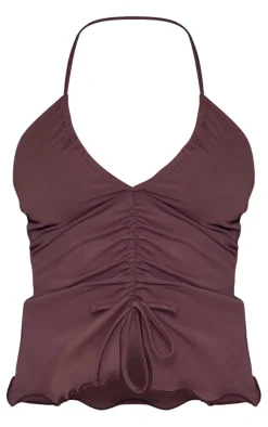 Petite Chocolate Bandeau Ruched Detail Matte Slinky Crop Top