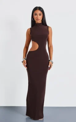 Petite Chocolate Bodycon Slinky Cut Out Maxi Dress
