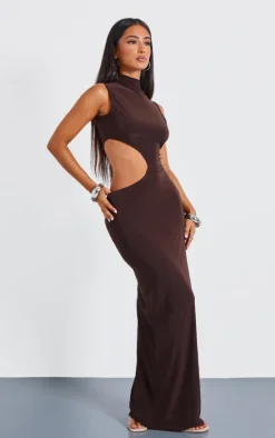 Petite Chocolate Bodycon Slinky Cut Out Maxi Dress