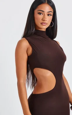 Petite Chocolate Bodycon Slinky Cut Out Maxi Dress