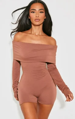 Petite Chocolate Contour Jersey Foldover Bardot Romper
