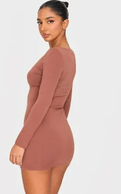 Petite Chocolate Contour Jersey Boat Neck Long Sleeve Dress