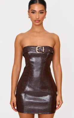 Petite Chocolate Croc Faux Leather Belt Detail Mini Dress