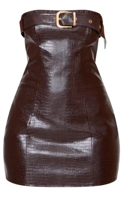 Petite Chocolate Croc Faux Leather Belt Detail Mini Dress