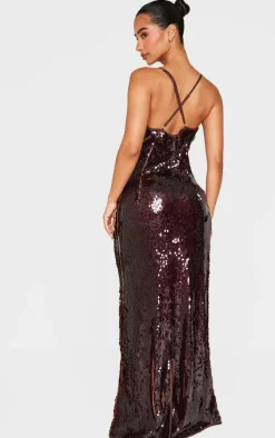 Petite Chocolate Cross Over Strap Sequin Maxi Dress