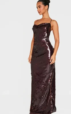 Petite Chocolate Cross Over Strap Sequin Maxi Dress
