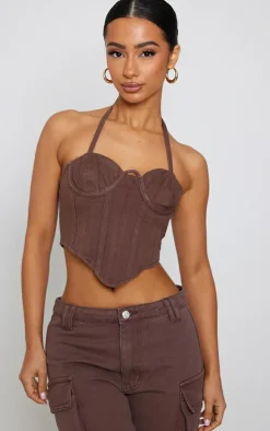Petite Chocolate Denim Seam Detail Corset