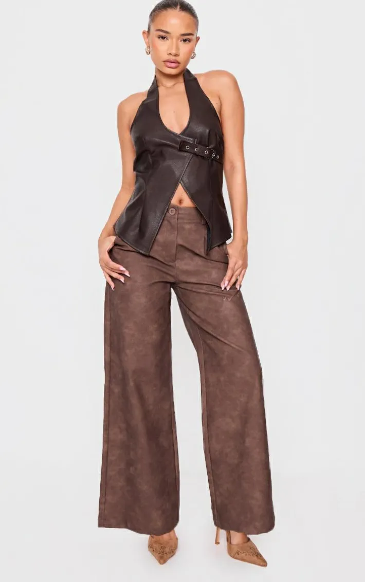 Petite Chocolate Faux Leather Wide Leg Pants