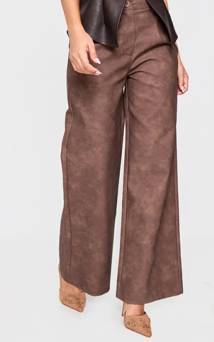 Petite Chocolate Faux Leather Wide Leg Pants